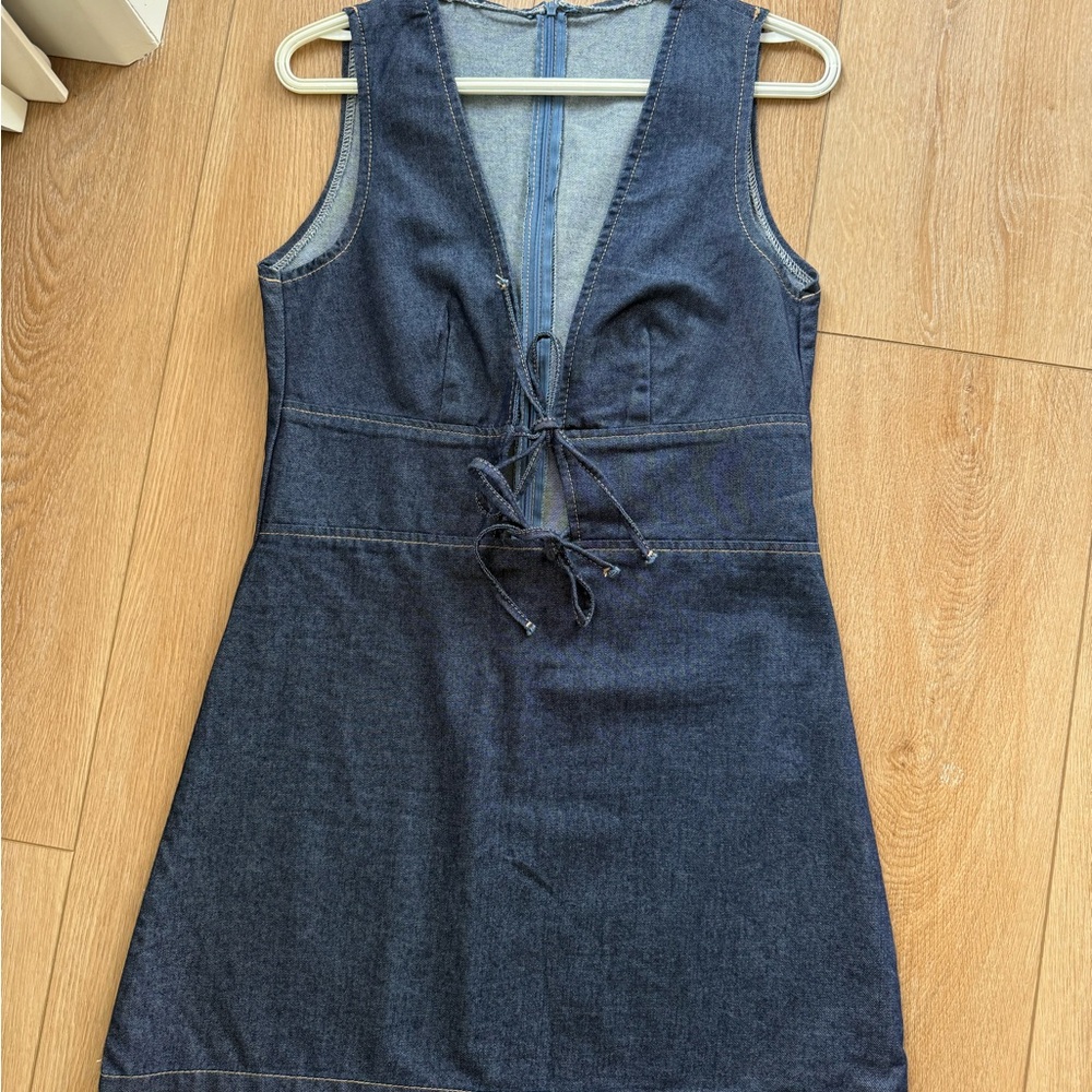 Dark Denim Lace-Up V-Neck Mini Dress